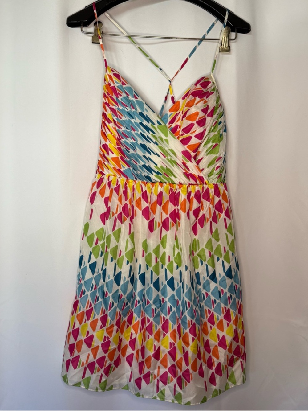 Shoshanna Multicolor Diamond-Print Silk Spaghetti-Strap Mini Dress